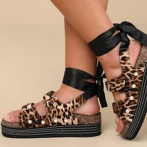 Leopard Print Sandals with Black Ribbon Ties